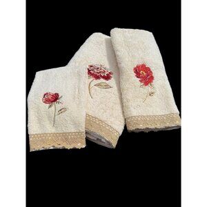 Home Trends red Floral and lace trim towel set beige bath hand washcloth